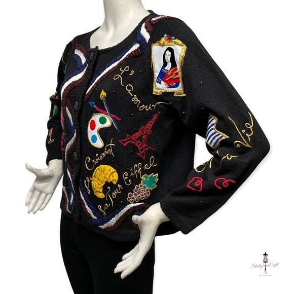 MICHAEL SIMON Vintage 1994 90s Embellished Beaded FRANCE Cardigan Sweater M S - Picture 6 of 16